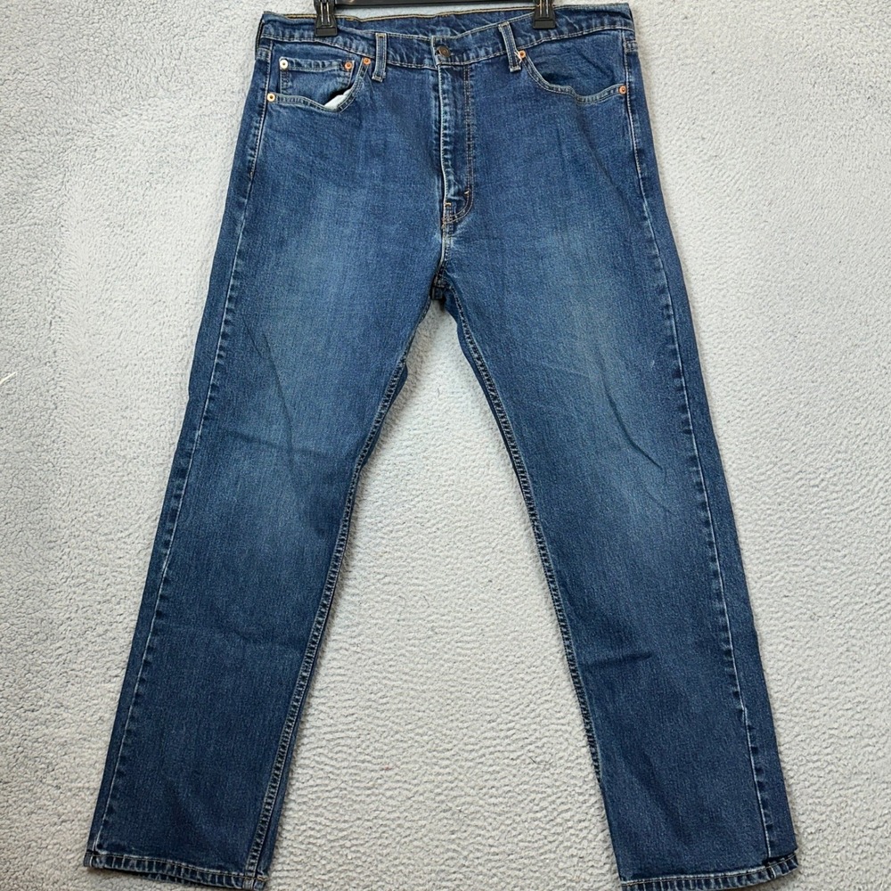 Levis 505 Jeans Mens 38X32 Regular Fit Blue Denim Straight Leg Distressed Casual